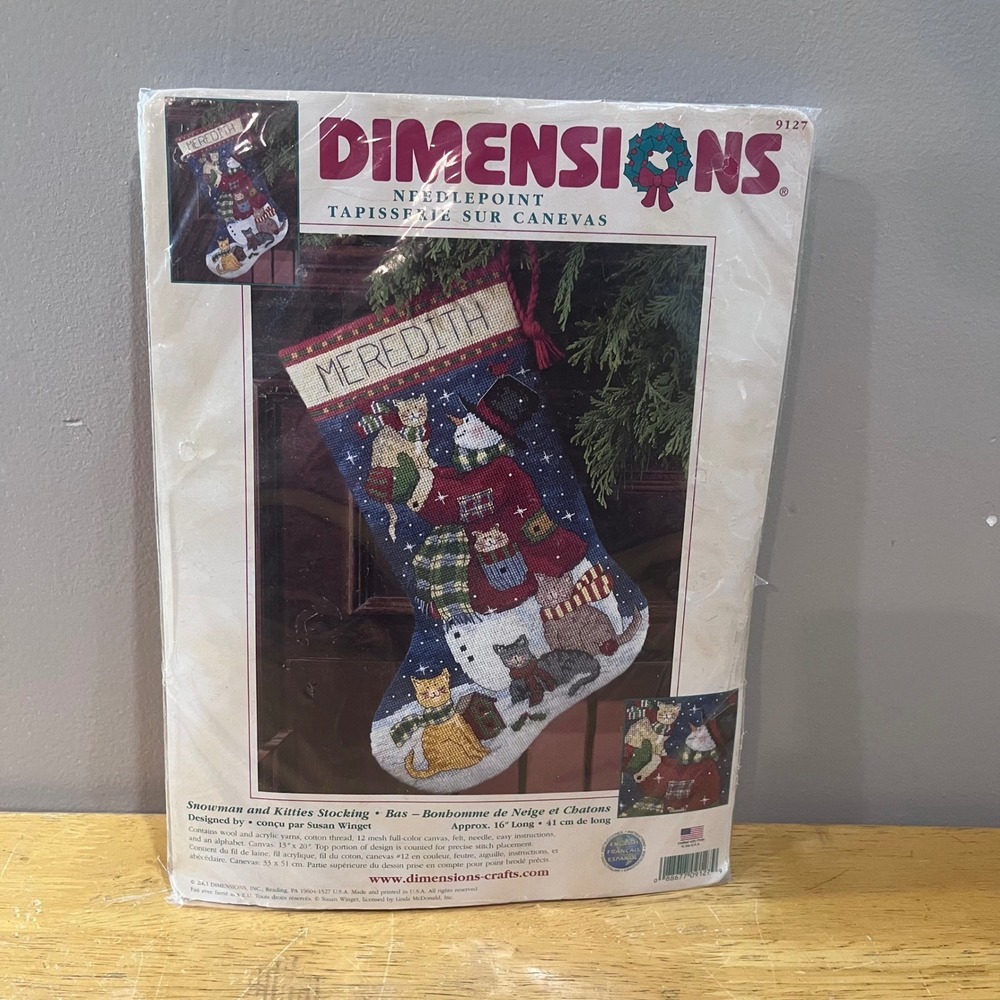 Vtg Dimensions Snowman and Kitties Needlepoint Stocking Kit 9127 Susan Winget